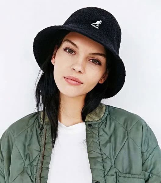 Black Bucket Hat with White Tee & Green Bomber Jacket