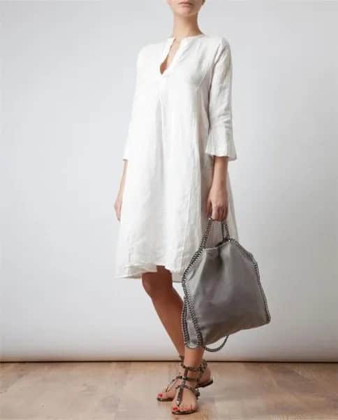 White Bell Sleeve Linen Knee Length Dress with Sandals