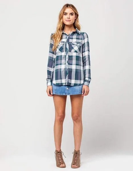 Grey Plaid Boyfriend Rayon Shirt with Denim Mini Skirt