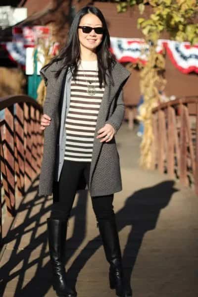 Grey Sweater Jacket with Black and White Striped Top