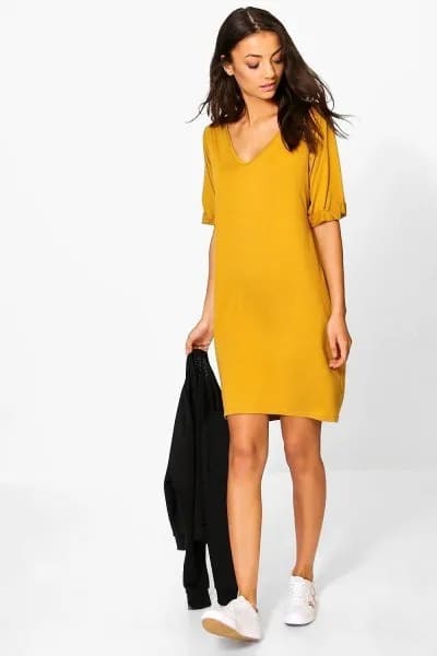 Mustard Yellow V Neck T Shirt Dress with White Sneakers