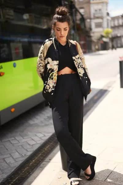 Black and Rose Gold Floral Bomber Jacket with Crop Top & Wide Leg Pants