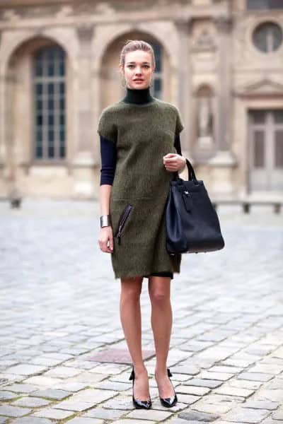 Grey Tunic Dress Over Black Turtleneck Sweater