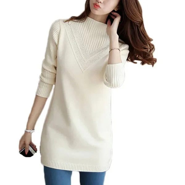 White Mock Neck Ribbed Tunic Sweater with Blue Skinny Jeans