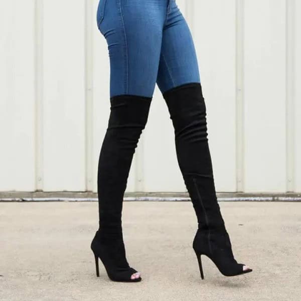 White Blouse with Blue Jeans & Black Heeled Knee High Boots