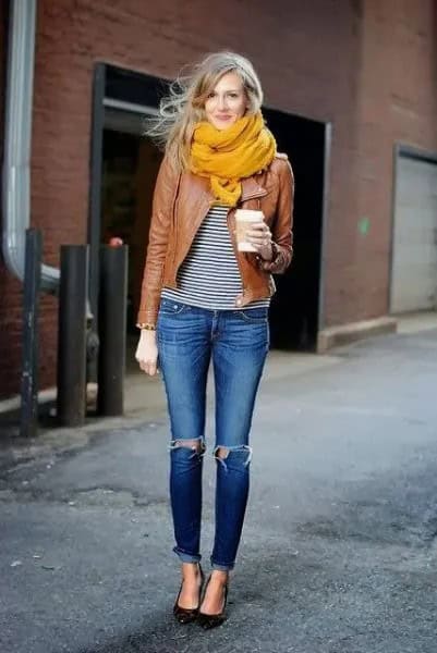 Orange Chiffon Scarf with Brown Motorcycle Jacket & Black and White Striped Tee