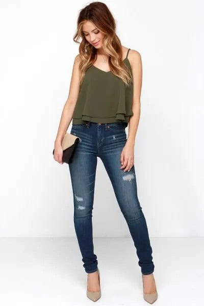 Green Spaghetti Strap V Neck Chiffon Cropped Top with High Rise Jeans