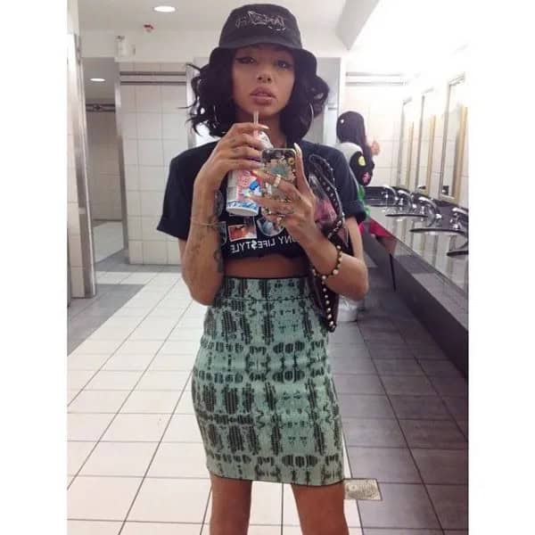 Bucket Hat with Black Cropped Tee & White Printed Pencil Skirt