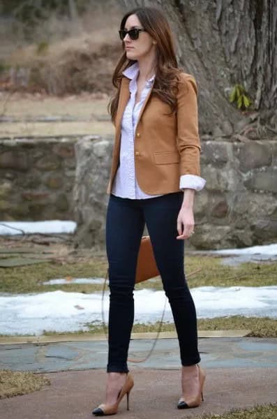 Camel Blazer with Blue Button Up Shirt & Black Skinny Jeans