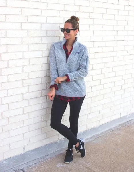 Grey Pullover with Boyfriend Plaid Shirt & Black Leggings