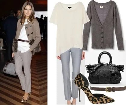 Grey Cardigan with White Belted Blouse & Chinos