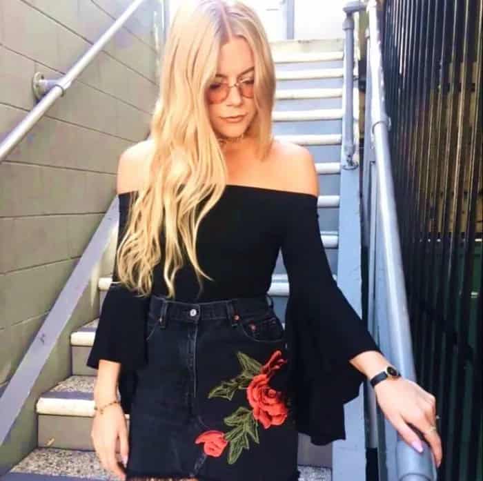 Black Top with Embroidered Denim Skirt