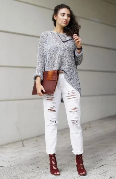 Grey Sweater with Ripped Cuffed White Boyfriend Jeans