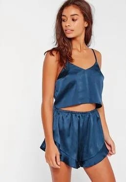 Navy Cropped Camisole with Flowy Silk Pajama Shorts