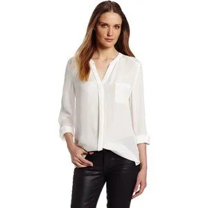 White Chiffon V Neck Collarless Shirt with Black Leather Pants