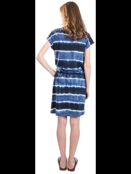 Black and Blue Tie Dye Gathered Waist Shirt Dress with Slide Sandals