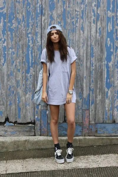 Light Grey Pocket T Shirt Dress with Matching Baseball Cap