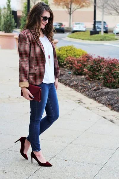 Green and Black Plaid Blazer with White Tee & Blue Jeans