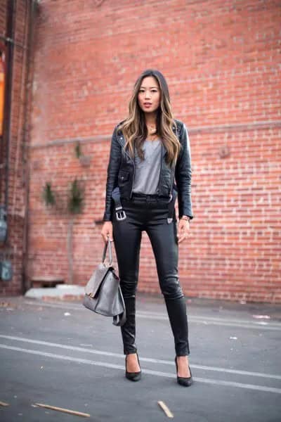 Black Slim Fit Moto Jacket with Grey T Shirt & Leggings