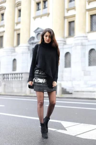 Black Turtleneck Sweater with Patterned Knit Mini Skirt