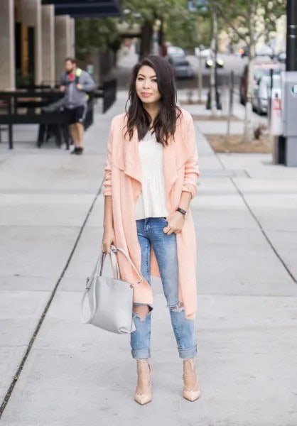 Pale Pink Long Casual Sweater Cardigan with White Chiffon Blouse