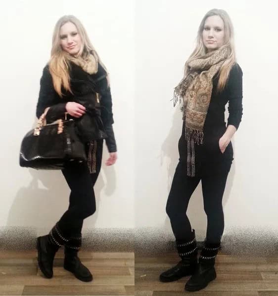 Black Sweater with Skinny Jeans & Gold Tribal Printed Scarf