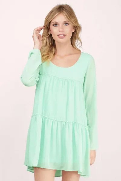 Long Sleeve Seafoam Green Babydoll Mini Dress