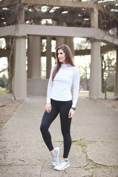 Light Grey Long Sleeve Mock Neck Tee with Black Running Tights & Silver Sneakers