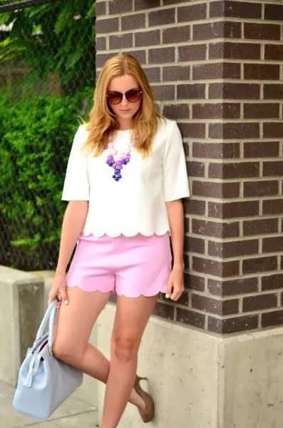 White Scalloped Shirt with Matching Sky Blue Mini Shorts