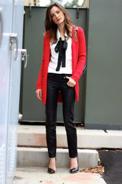 White Shirt with Red Knit Cardigan & Black Leather Leggings