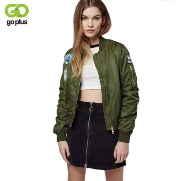 Embroidered Olive Bomber Jacket with White Crop Top & Black High Rise Skirt