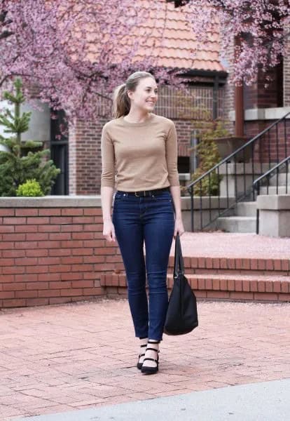 Blush Pink Half Sleeve Cashmere Fitted Sweater with Blue High Waisted Jeans