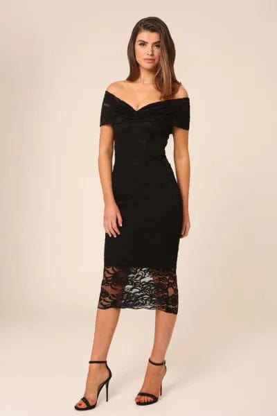 Black Off The Shoulder Bodycon Midi Lace Dress