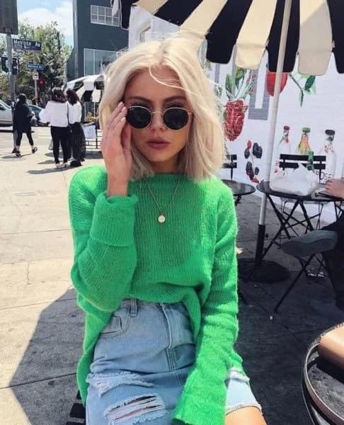 Green Ribbed Sweater with Blue High Rise Ripped Mini Skirt