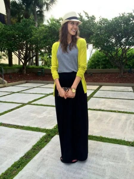 Lemon Yellow Cardigan with Black Relaxed Fit Maxi Travel Skirt