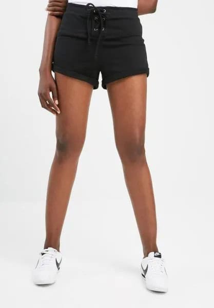 Black Cuffed Mini Sweat Shorts with White T Shirt & Sneakers