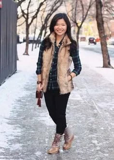 Blush Fleece Vest with Green Plaid Boyfriend Shirt