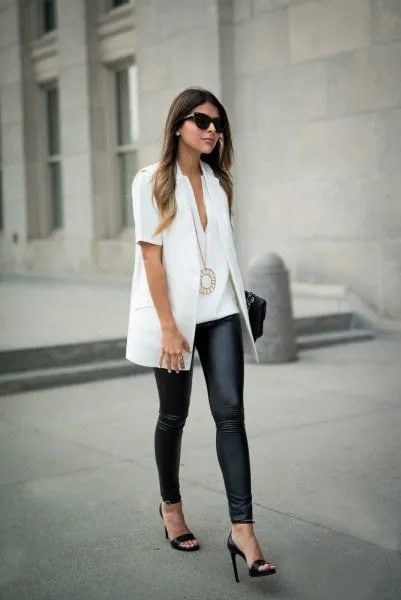 White Short Sleeve Shirt with Black Leggings & Heels