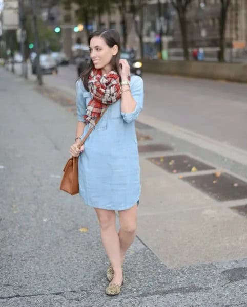 Light Blue Mini Shift Dress with Red and Pink Plaid Scarf