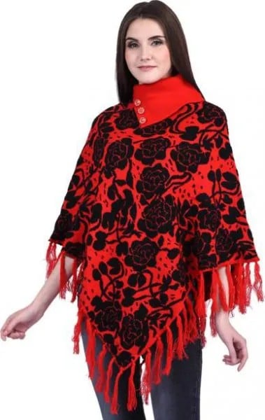 Red and Black Floral Printed Fringe Shawl with Dark Blue Skinny Jeans