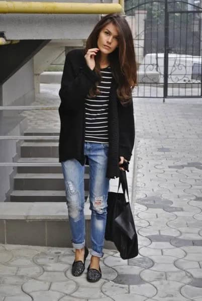 Longline Cardigan with Striped Tee & Black Spiked Loafers