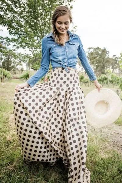 Chambray Button Up Shirt with White and Red Maxi Skirt