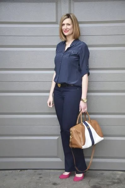 Navy Blue Button Up Shirt with Slim Fit Jeans