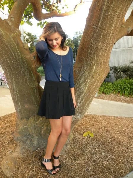 Dark Blue Fitted Long Sleeve blouse with Black Mini Circle Skirt