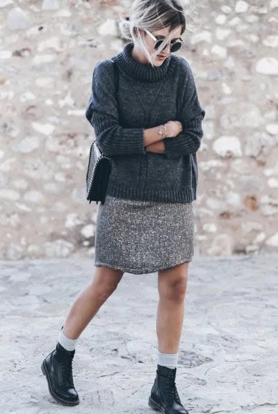 Turtleneck Sweater with Light Heather Grey Mini Knit Skirt