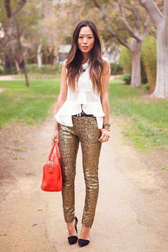 Gold Sequin Leggings with White Blouse