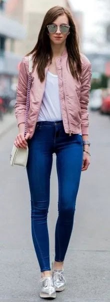 Pink Bomber Jacket with Royal Blue Skinny Jeans