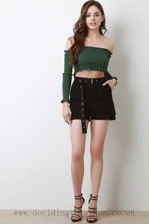 Off-the-Shoulder Green Crop Top and Black Shorts