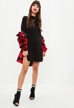 Black Long Sleeve Swing Dress with Red Plaid Boyfriend Shirt