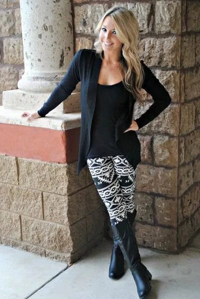 Cardigan with Scoop Neck Tee & Black and White Tribal Patterned Leggings